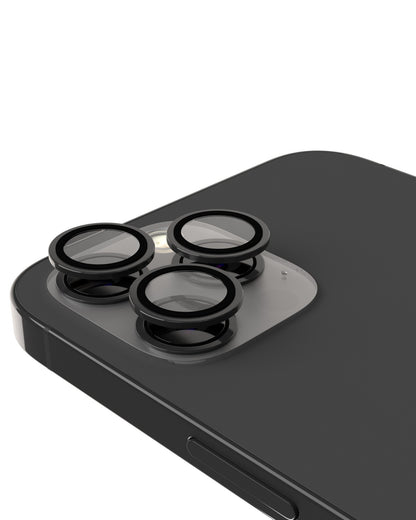 iPhone 15 Pro / 15 Pro Max (Black) Casper Camera Lens Protector – installed on the iPhone camera