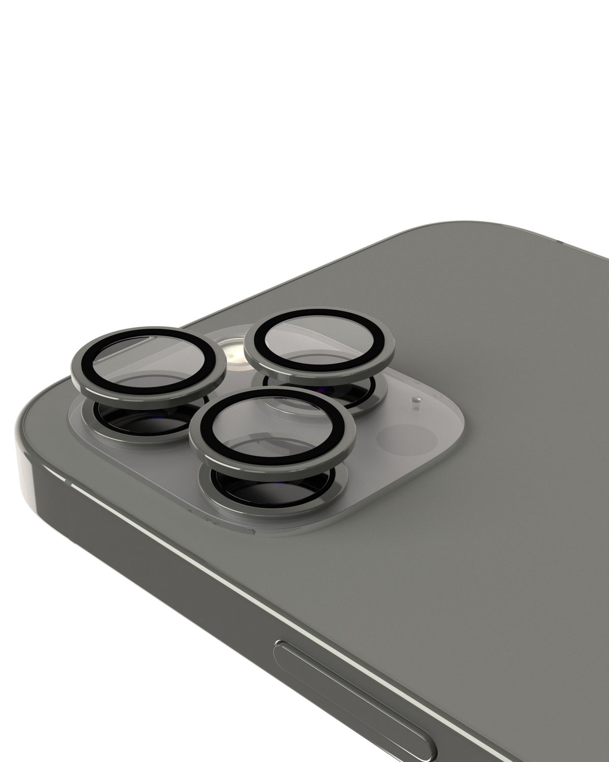 iPhone 15 Pro / 15 Pro Max (Gray) Casper Camera Lens Protector – installed on the iPhone camera
