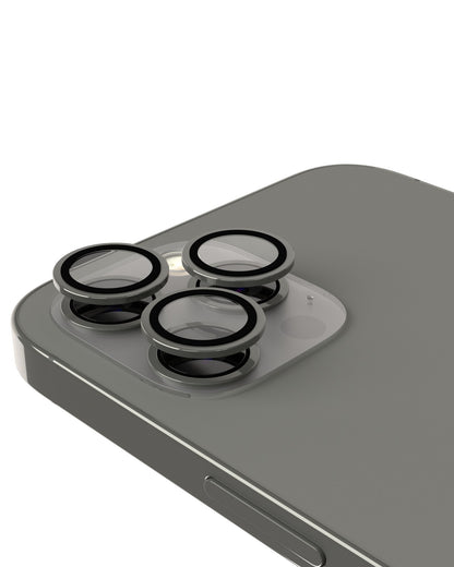 iPhone 15 Pro / 15 Pro Max (Gray) Casper Camera Lens Protector – installed on the iPhone camera