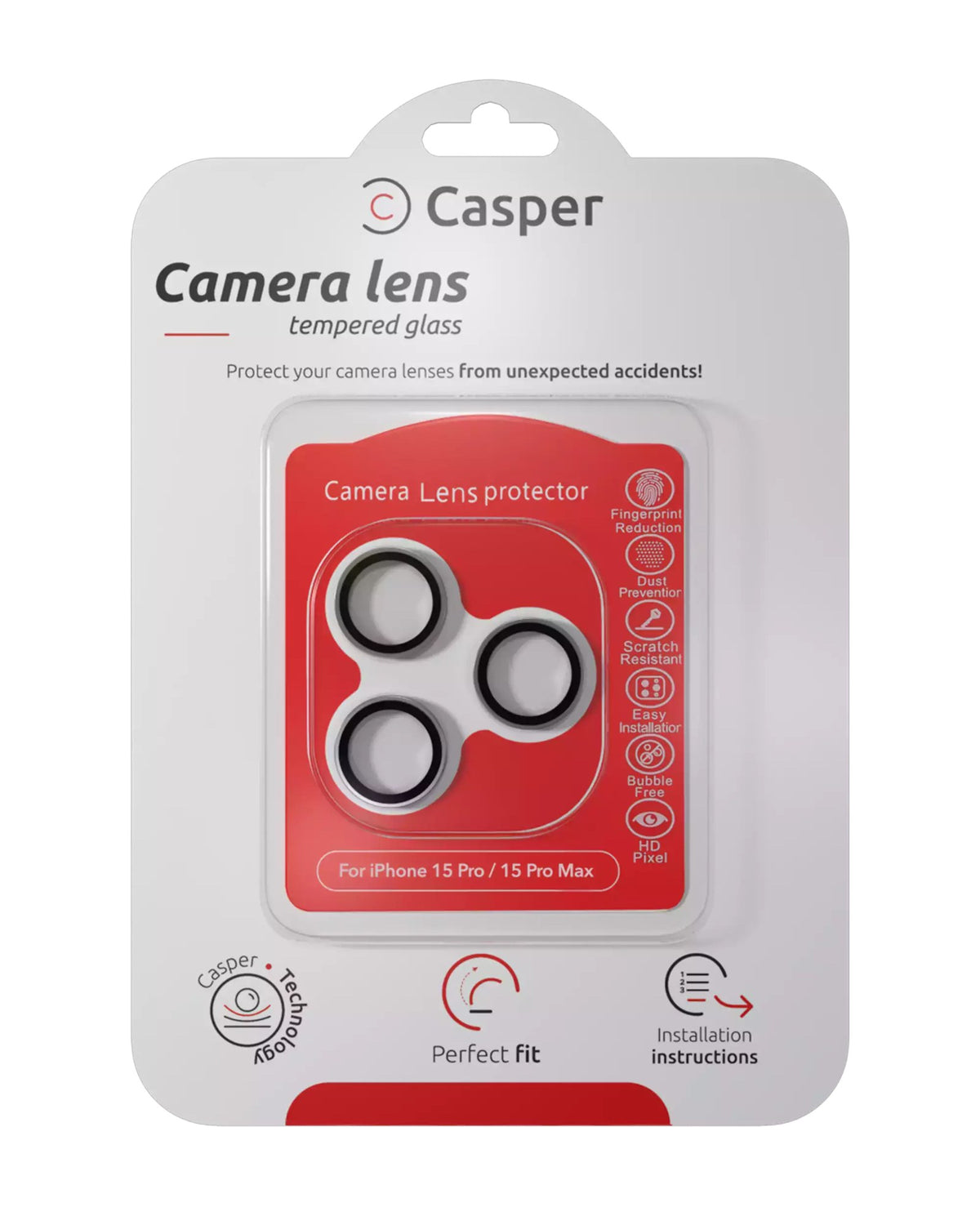 iPhone 15 Pro / 15 Pro Max (Silver) Casper Camera Lens Protector – retail package
