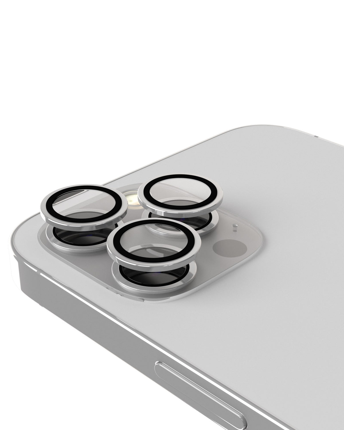 iPhone 15 Pro / 15 Pro Max (Silver) Casper Camera Lens Protector – installed on the iPhone camera