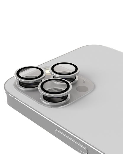 iPhone 15 Pro / 15 Pro Max (Silver) Casper Camera Lens Protector – installed on the iPhone camera
