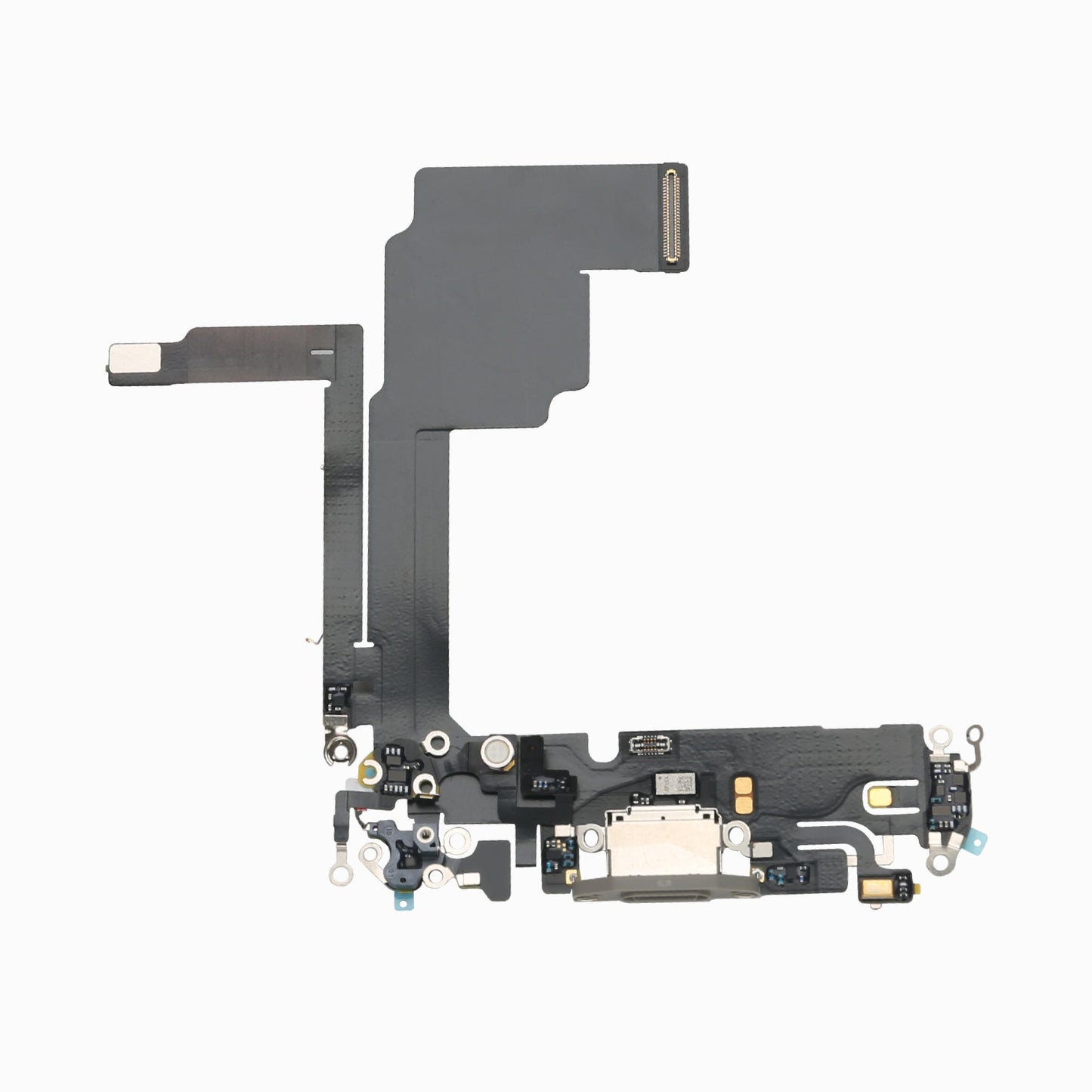 iPhone 15 Pro charging port flex cable in natural titanium, full flex assembly view