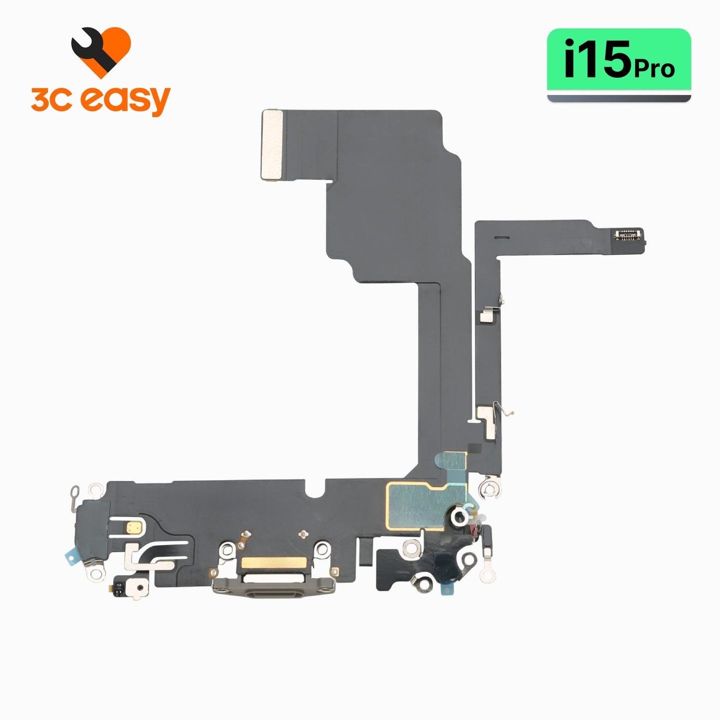 3C EASY original charging port flex cable for iPhone 15 Pro, dark USB-C dock assembly on branded card
