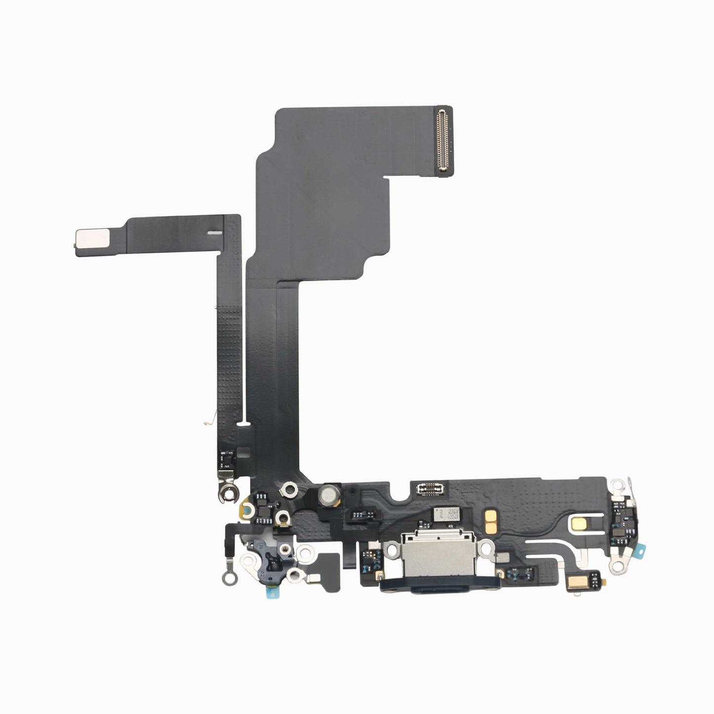 Dark blue charging port flex cable replacement for iPhone 15 Pro, full flex assembly view