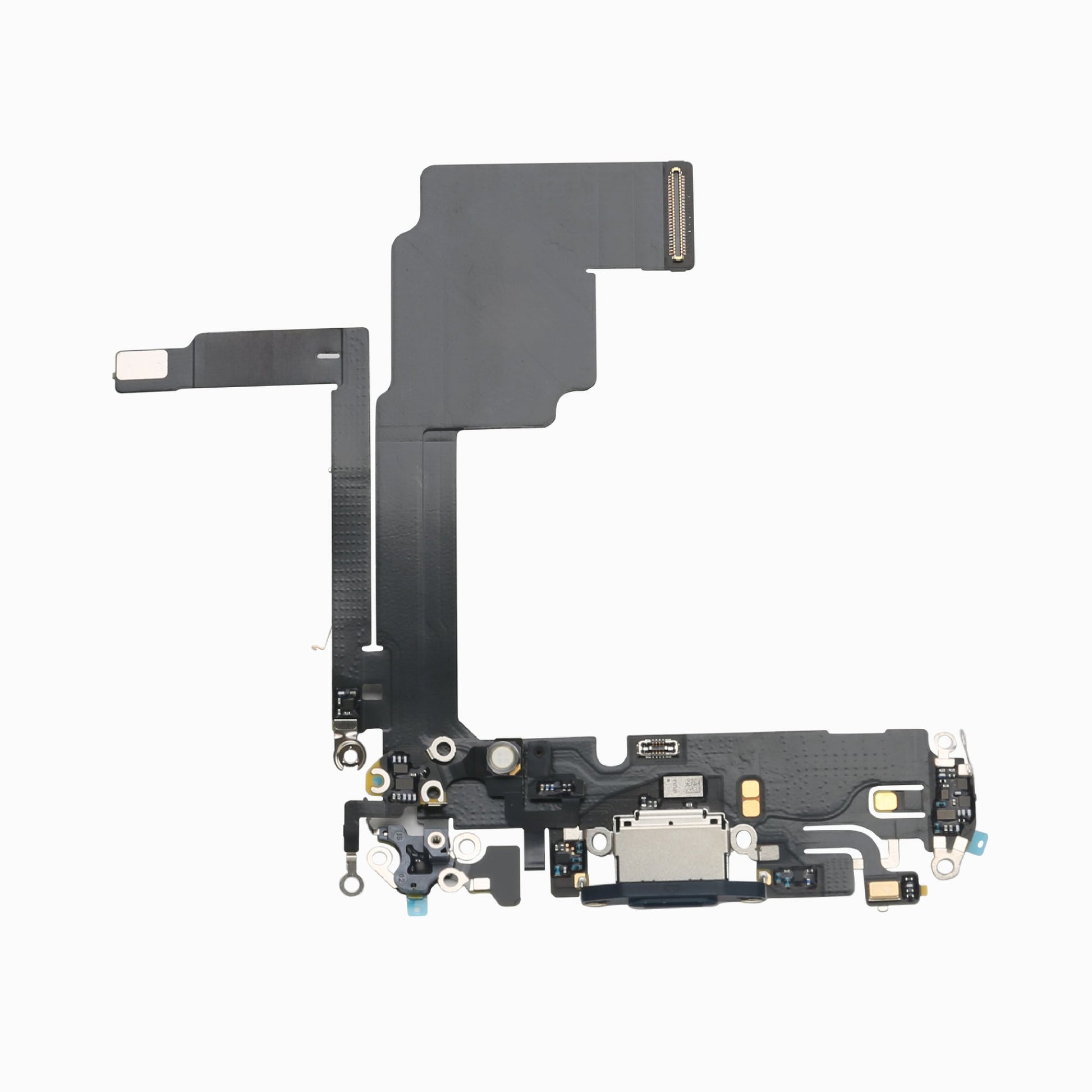 Dark blue charging port flex cable replacement for iPhone 15 Pro, full flex assembly view