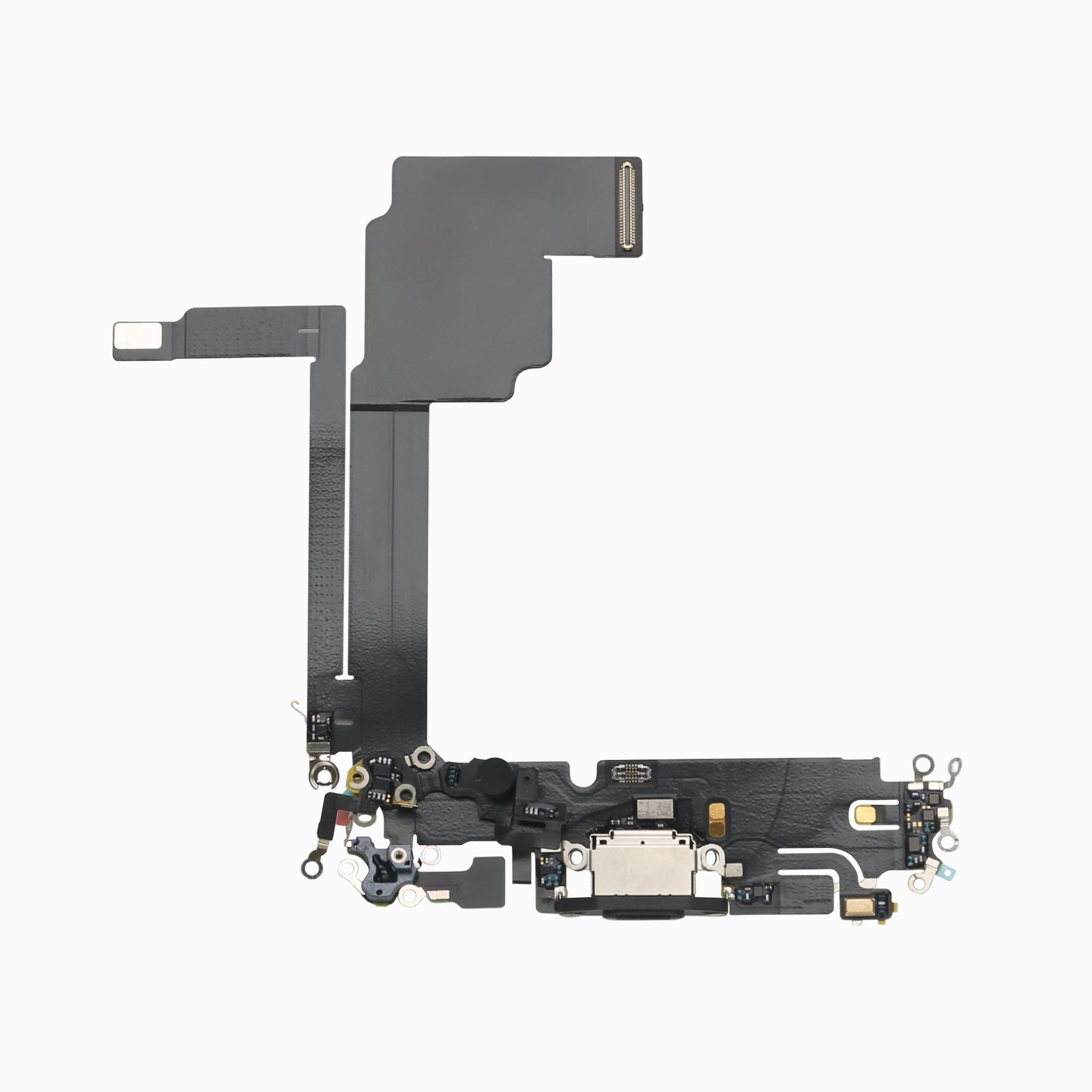 Black charging port flex cable replacement for iPhone 15 Pro Max, full flex assembly view