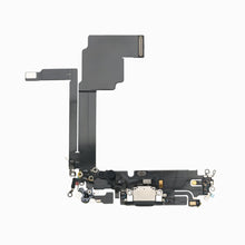 Black charging port flex cable replacement for iPhone 15 Pro Max, full flex assembly view