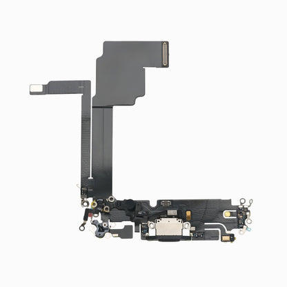 Black charging port flex cable replacement for iPhone 15 Pro Max, full flex assembly view