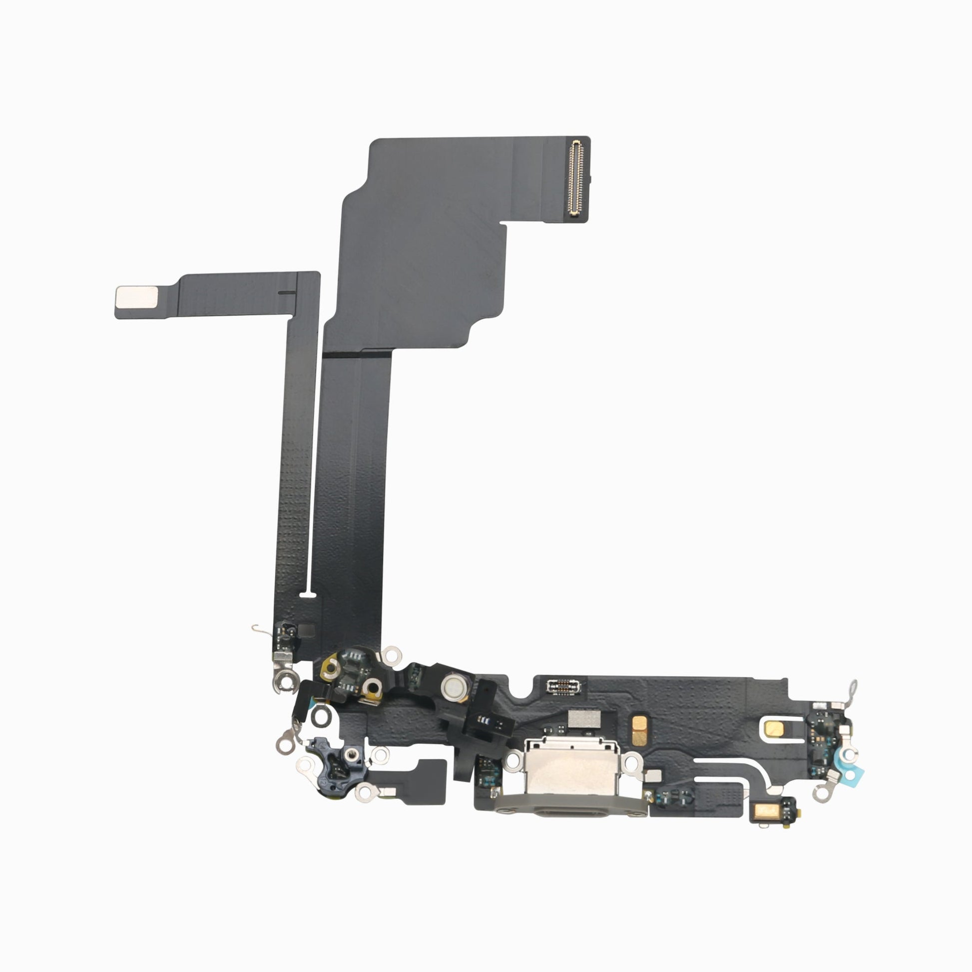 Natural titanium charging port flex cable replacement for iPhone 15 Pro Max, full flex assembly view