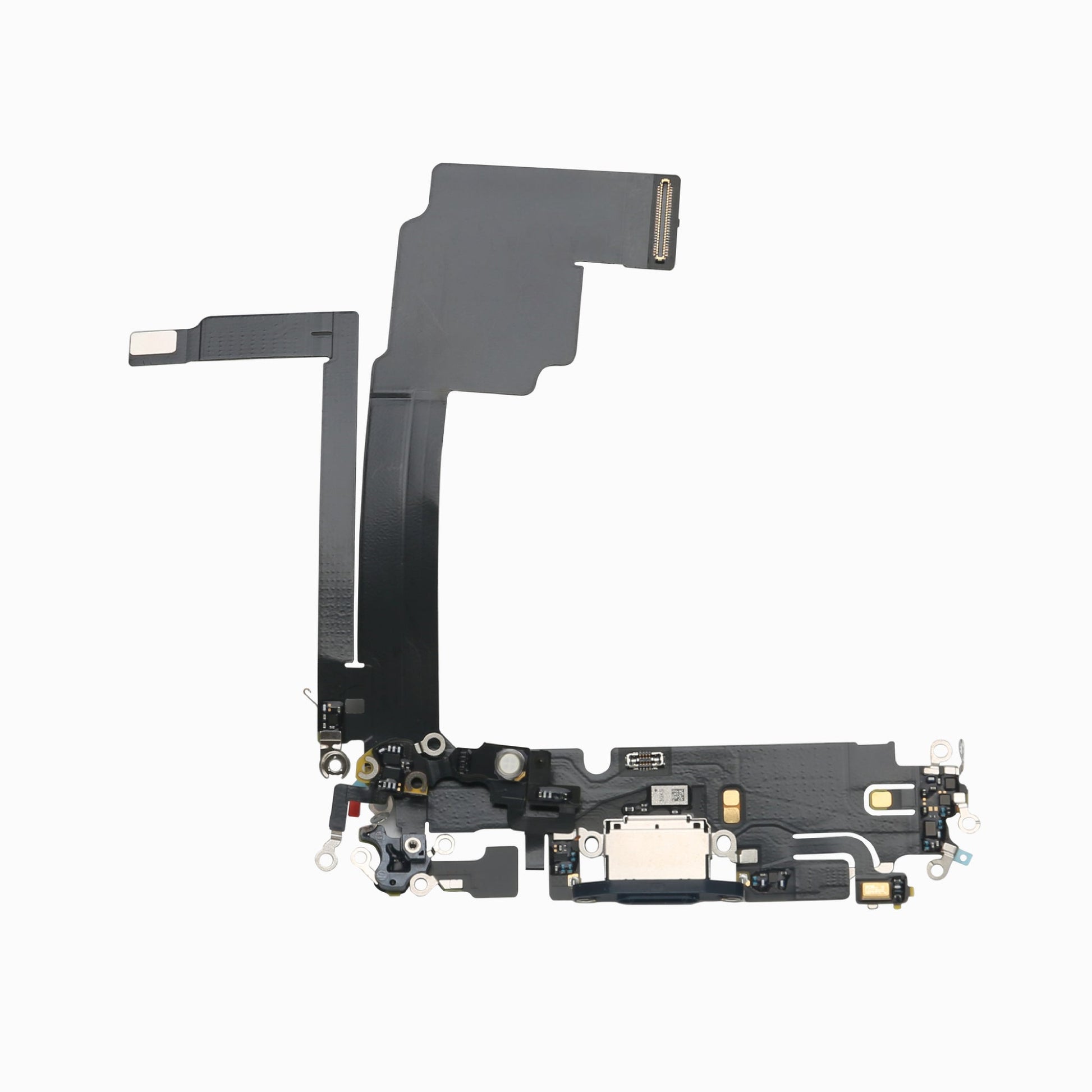 iPhone 15 Pro Max charging port flex cable in natural titanium, full flex assembly view