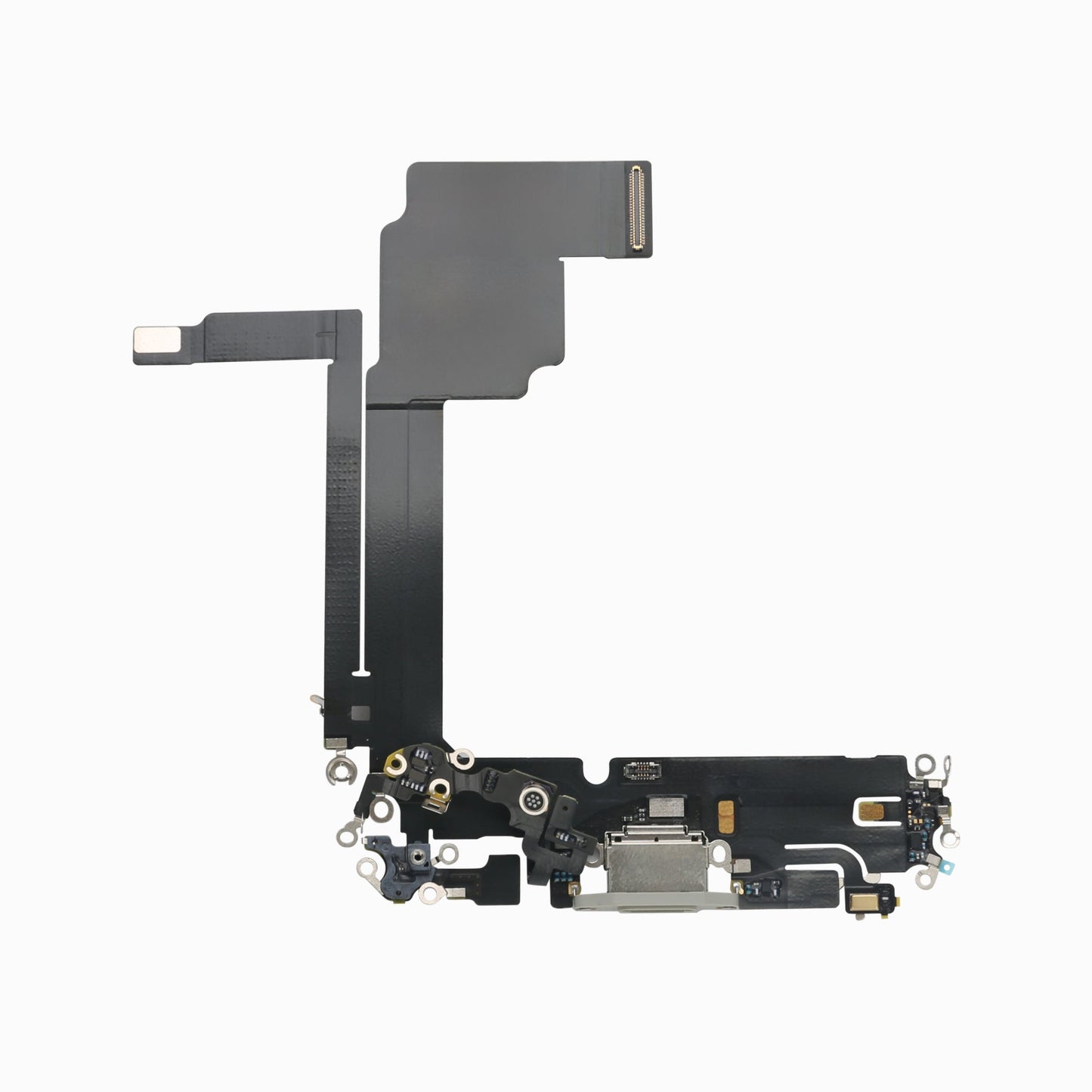 iPhone 15 Pro Max charging port flex cable replacement in white, reverse side showing connectors