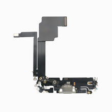 iPhone 15 Pro Max charging port flex cable replacement in white, reverse side showing connectors