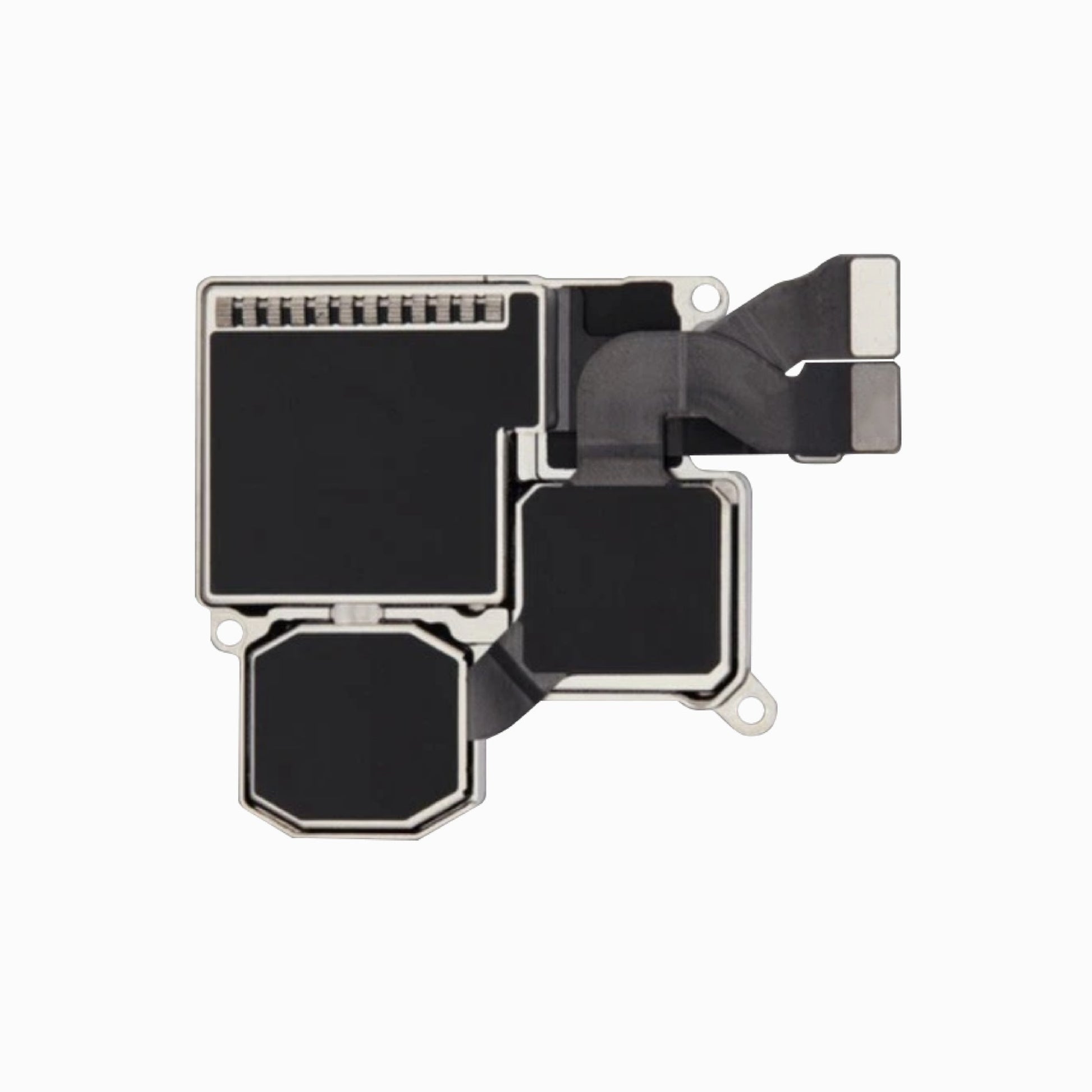 iPhone 15 Pro rear camera replacement, reverse side showing housing and flex connectors