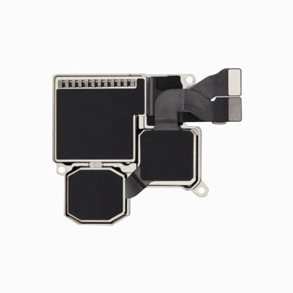 iPhone 15 Pro rear camera replacement, reverse side showing housing and flex connectors