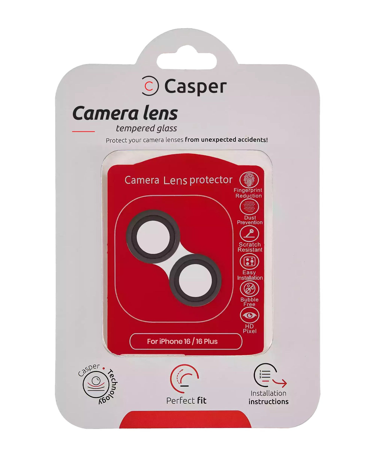 iPhone 16 / 16 Plus (Black) Casper Camera Lens Protector – retail package