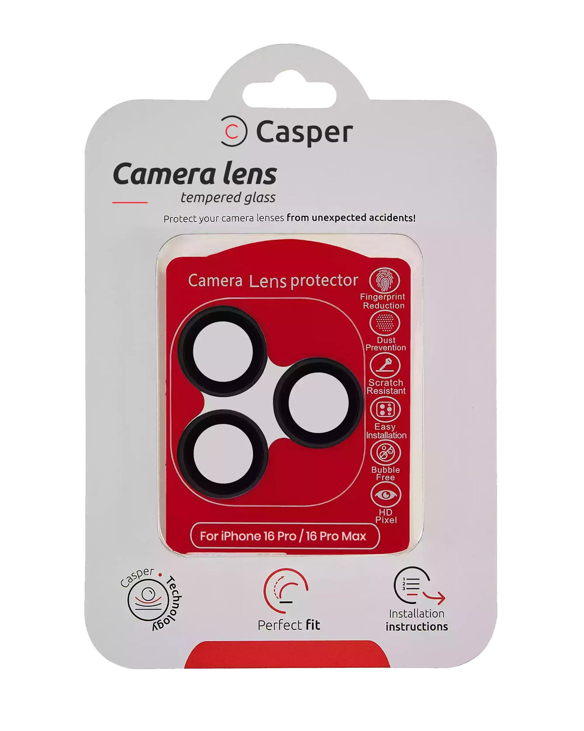 iPhone 16 Pro / 16 Pro Max (Black) Casper Camera Lens Protector – retail package