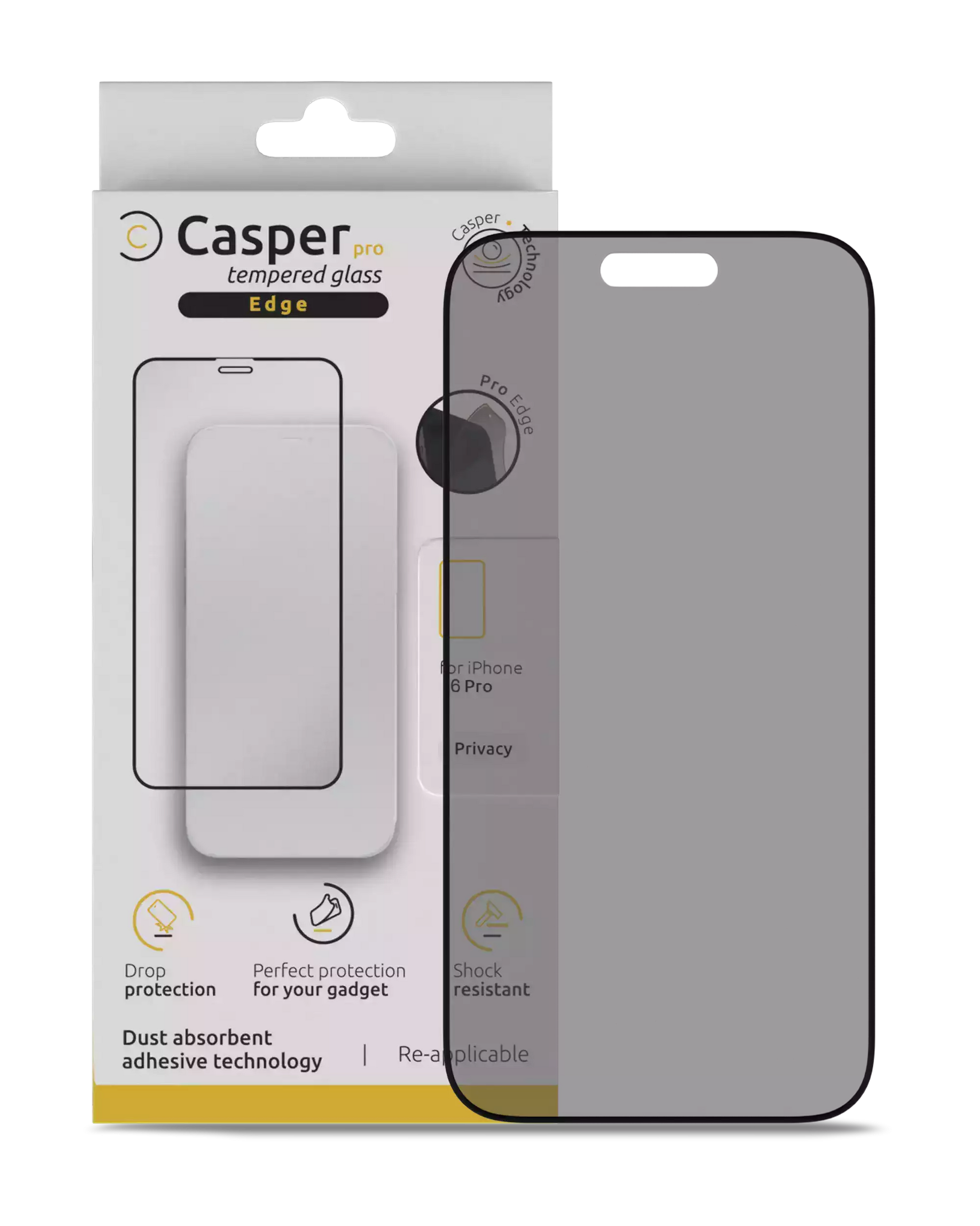 Casper Pro Edge privacy tempered glass screen protector for iPhone 16 Pro / 17 / 17 Pro, dark glass with retail box