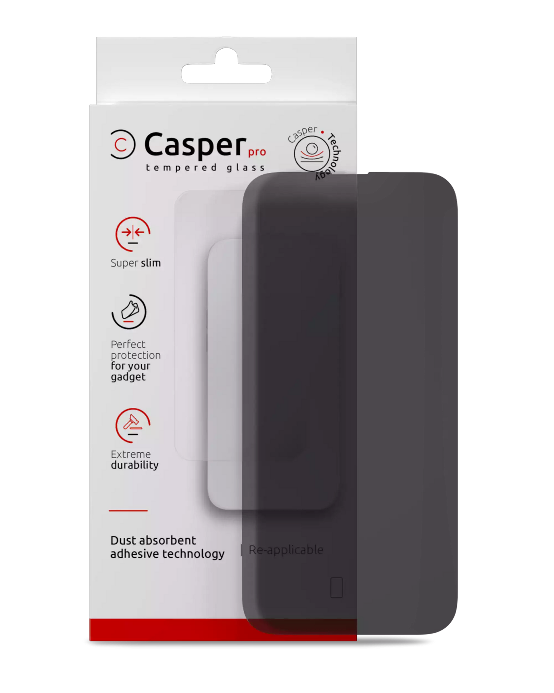 Casper Pro privacy tempered glass screen protector for iPhone 16 Pro / 17 / 17 Pro, dark tinted glass with retail box
