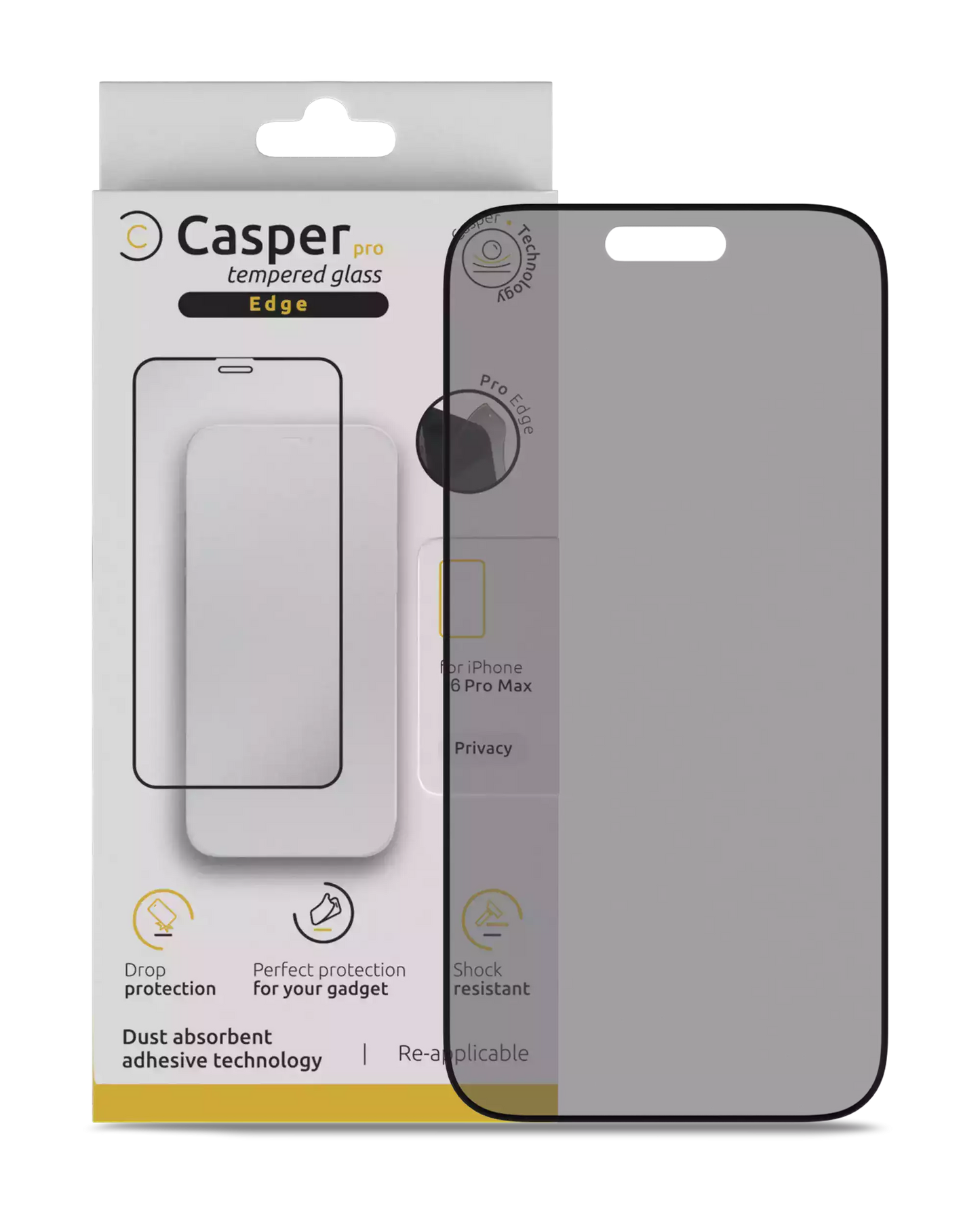 Casper Pro Edge privacy tempered glass for iPhone 16 Pro Max / 17 Pro Max, dark tinted glass beside retail box