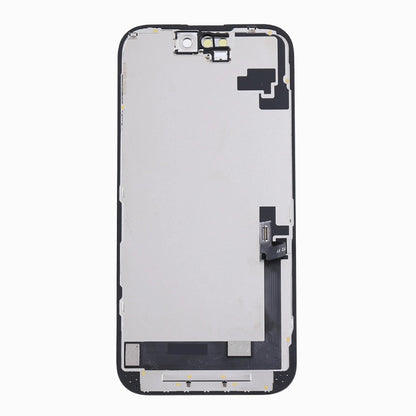 Back of iPhone 16 Soft OLED screen replacement showing metal backplate and display flex cable