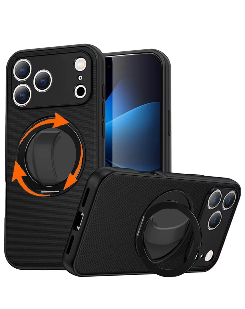 iPhone 17 Pro / 18 Pro Textured Armor Case with 360° Ring Stand - Black