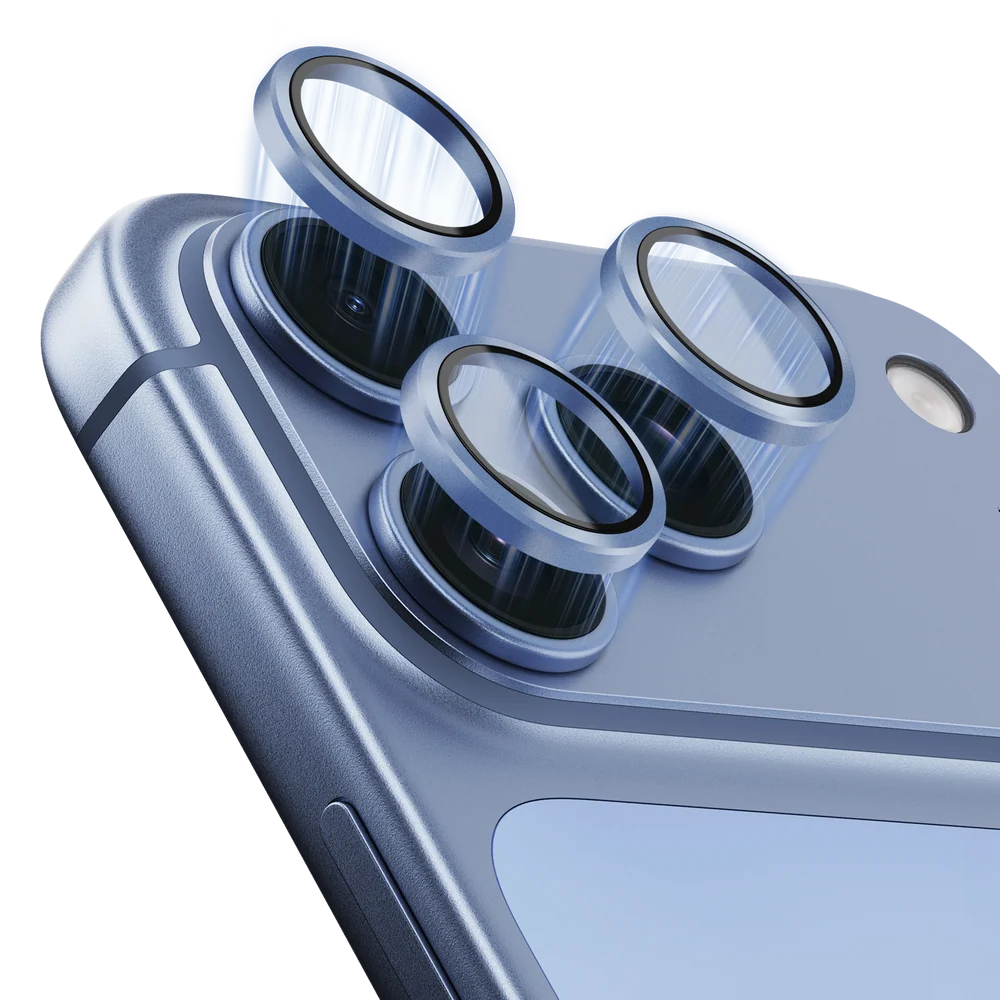 Mello 2-in-1 Optic Guard alloy lens rings on an iPhone 18 Pro in Glacier