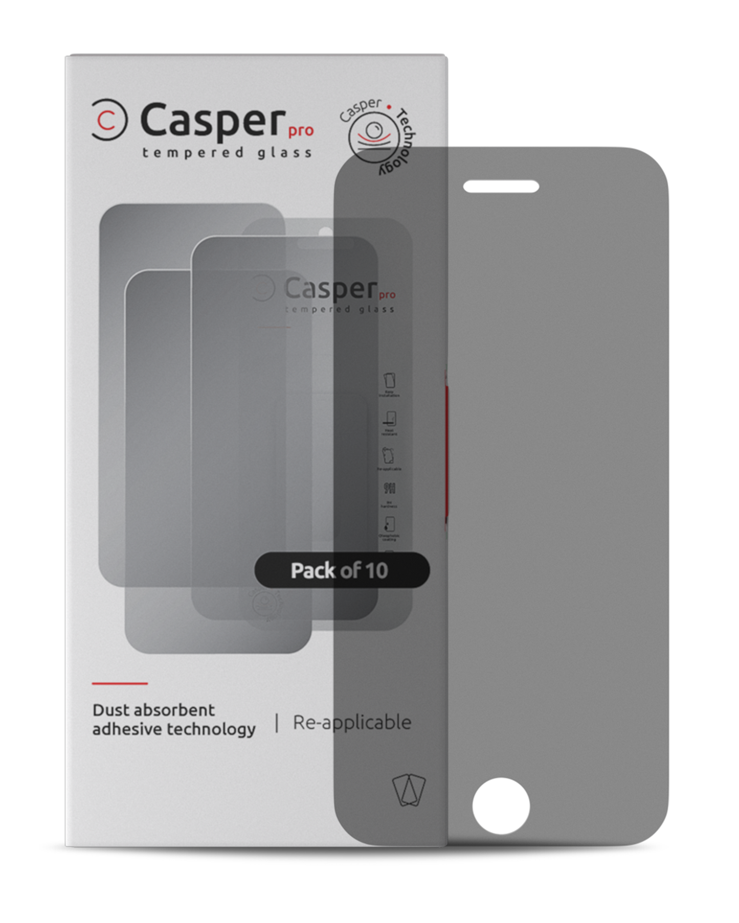Casper Pro privacy tempered glass screen protectors for iPhone 6, 6S, 7, 8 and SE, pack of 10 box with tinted glass