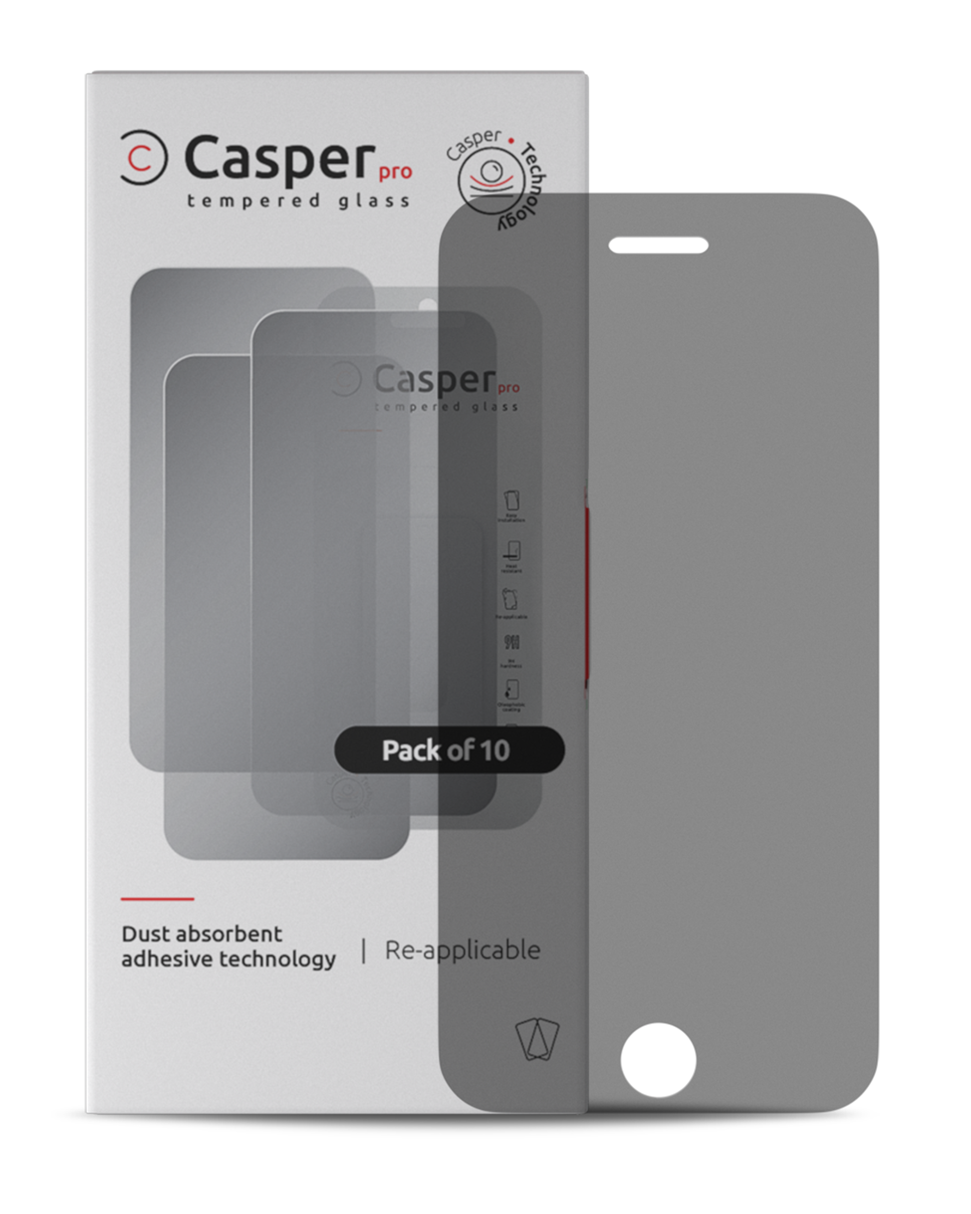 Casper Pro privacy tempered glass screen protectors for iPhone 6, 6S, 7, 8 and SE, pack of 10 box with tinted glass