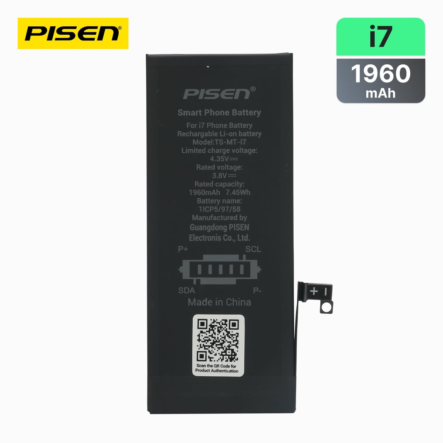 PISEN replacement battery for iPhone 7, front label showing 1960mAh capacity and specs