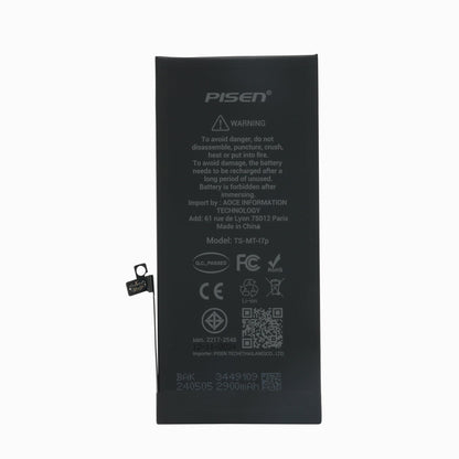 PISEN iPhone 7 Plus replacement battery, back side with safety warnings and certification marks