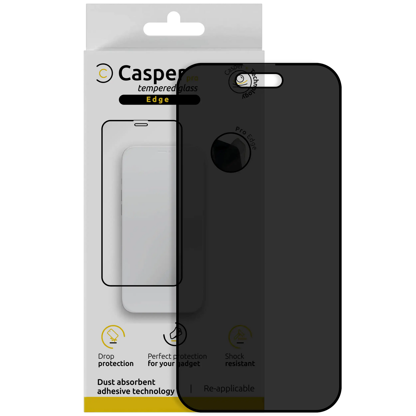 Casper Pro Edge privacy tempered glass screen protector for iPhone Air, dark tinted glass with retail box