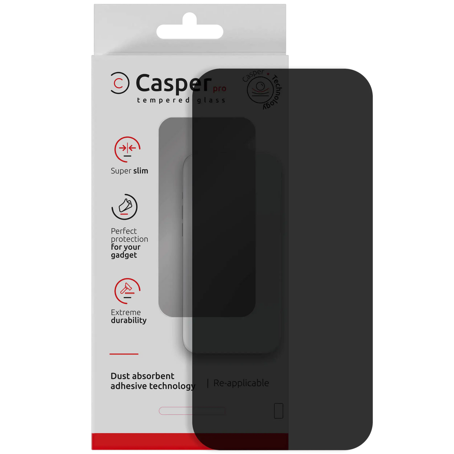 Casper Pro privacy tempered glass screen protector for iPhone Air, dark tinted glass with retail box