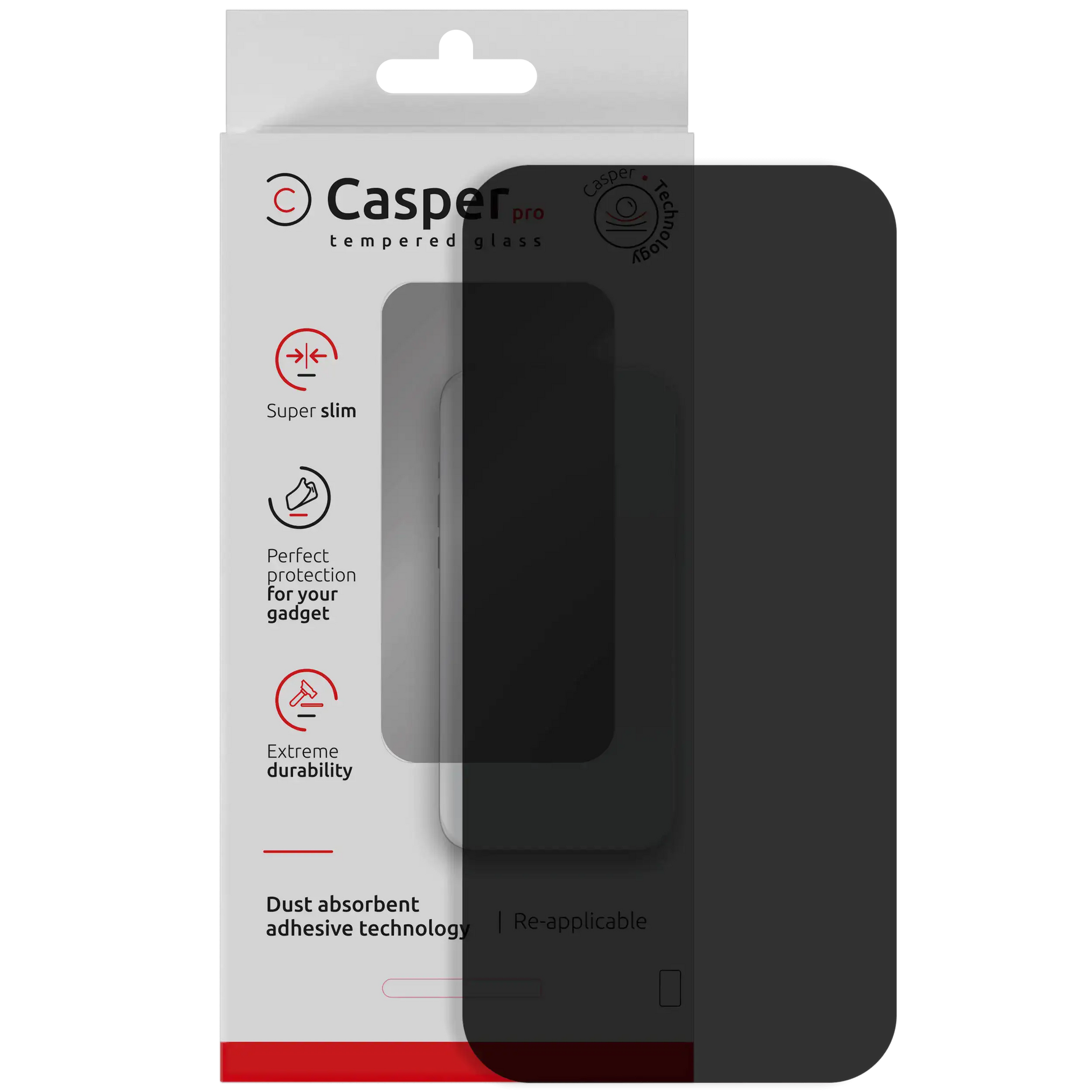 Casper Pro privacy tempered glass screen protector for iPhone Air, dark tinted glass with retail box