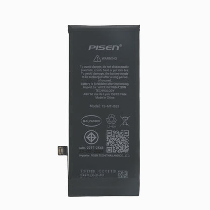 PISEN iPhone SE 3 replacement battery, back side with safety warnings and certification marks