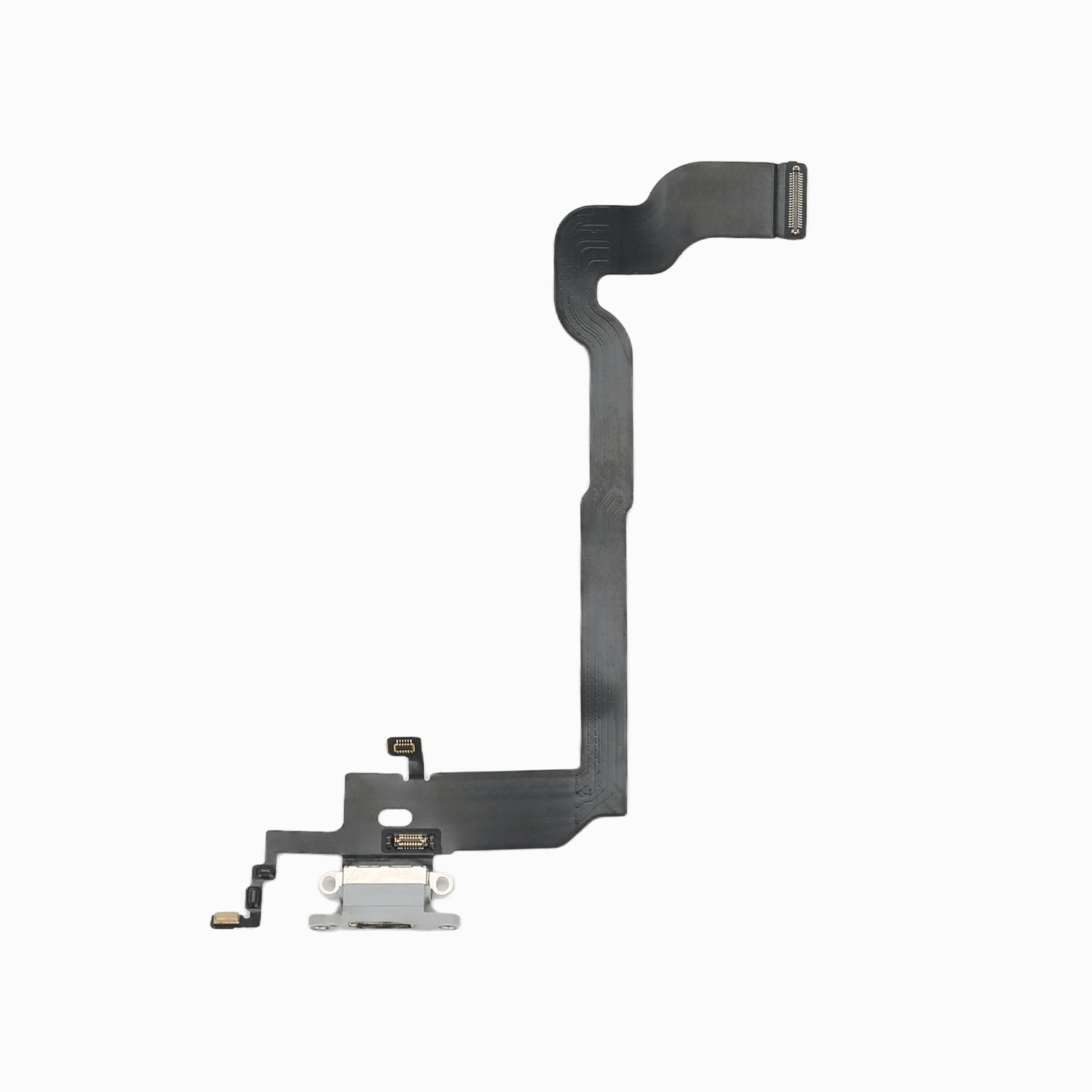 White iPhone X charging port flex cable, angled view of Lightning connector and ribbon cable