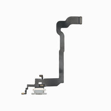 White iPhone X charging port flex cable, angled view of Lightning connector and ribbon cable
