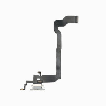 White iPhone X charging port flex cable, angled view of Lightning connector and ribbon cable