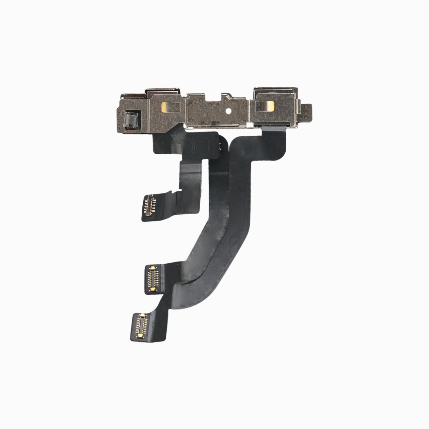 Back of iPhone X front camera flex assembly showing metal shields and connector tails