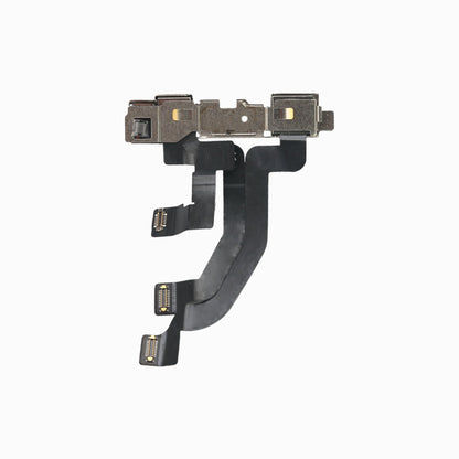 Back of iPhone X front camera flex assembly showing metal shields and connector tails