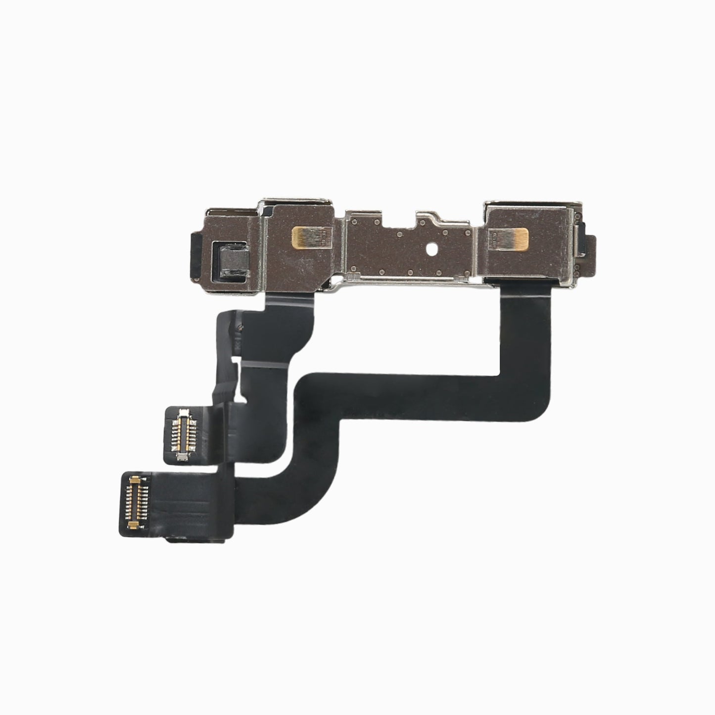iPhone XR front camera flex assembly viewed from the back, showing metal shields and flex connectors
