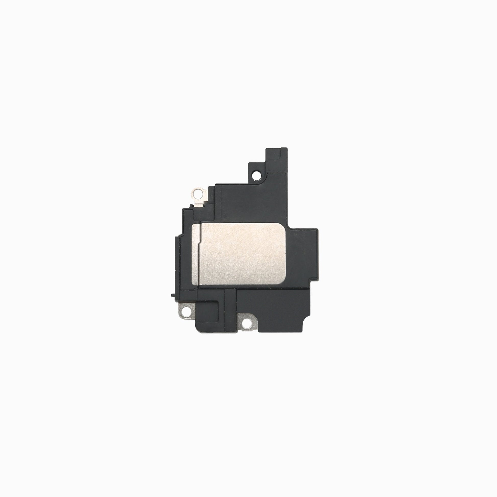 iPhone XR loudspeaker module showing metal plate and mounting tabs, alternate view
