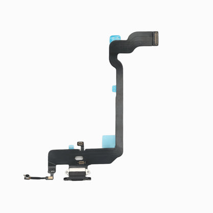 Black iPhone XS charging port flex cable showing Lightning port and microphone, alternate view