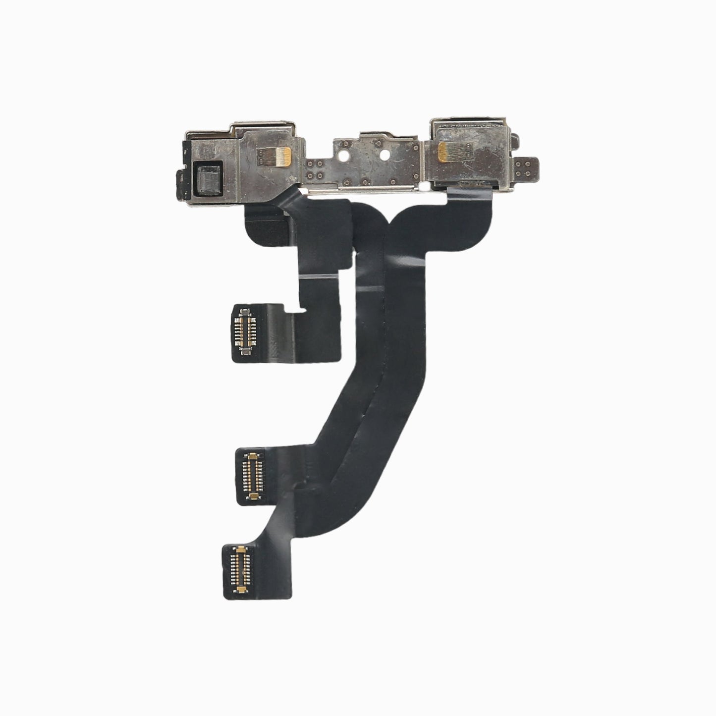 iPhone XS front camera flex assembly from behind, showing metal shields and three flex connectors