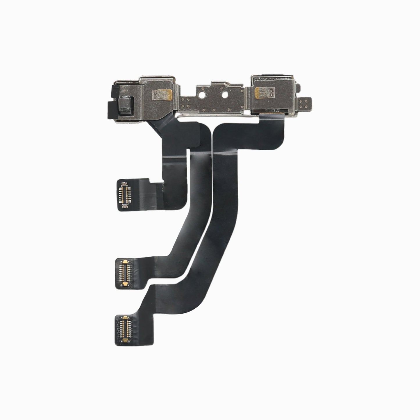 iPhone XS Max front camera flex assembly from behind, showing shields and three flex connectors