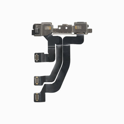 iPhone XS Max front camera flex assembly from behind, showing shields and three flex connectors