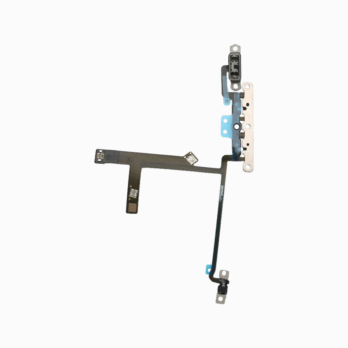 Alternate view of iPhone XS volume button flex cable showing ribbon layout and button brackets