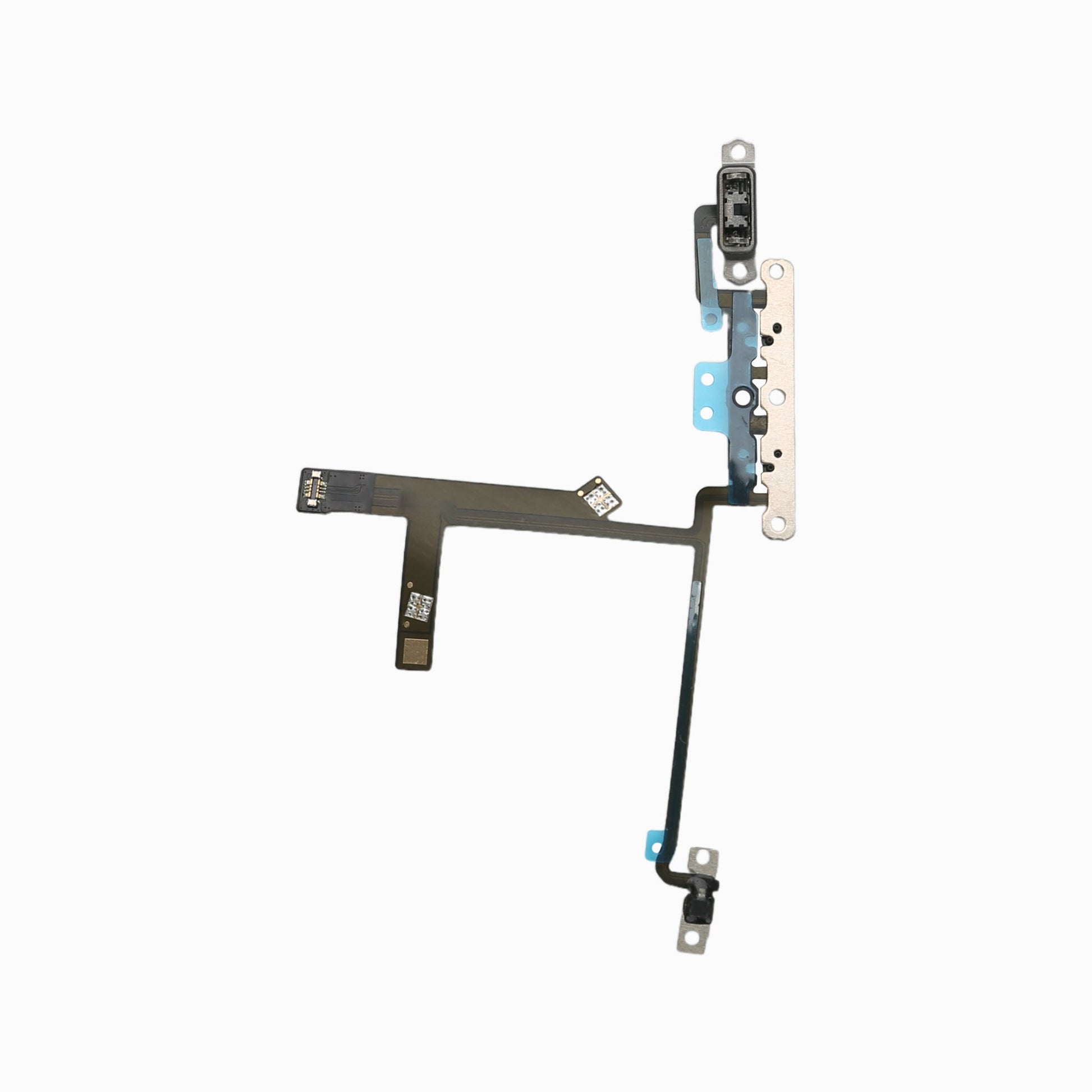 Alternate view of iPhone XS volume button flex cable showing ribbon layout and button brackets