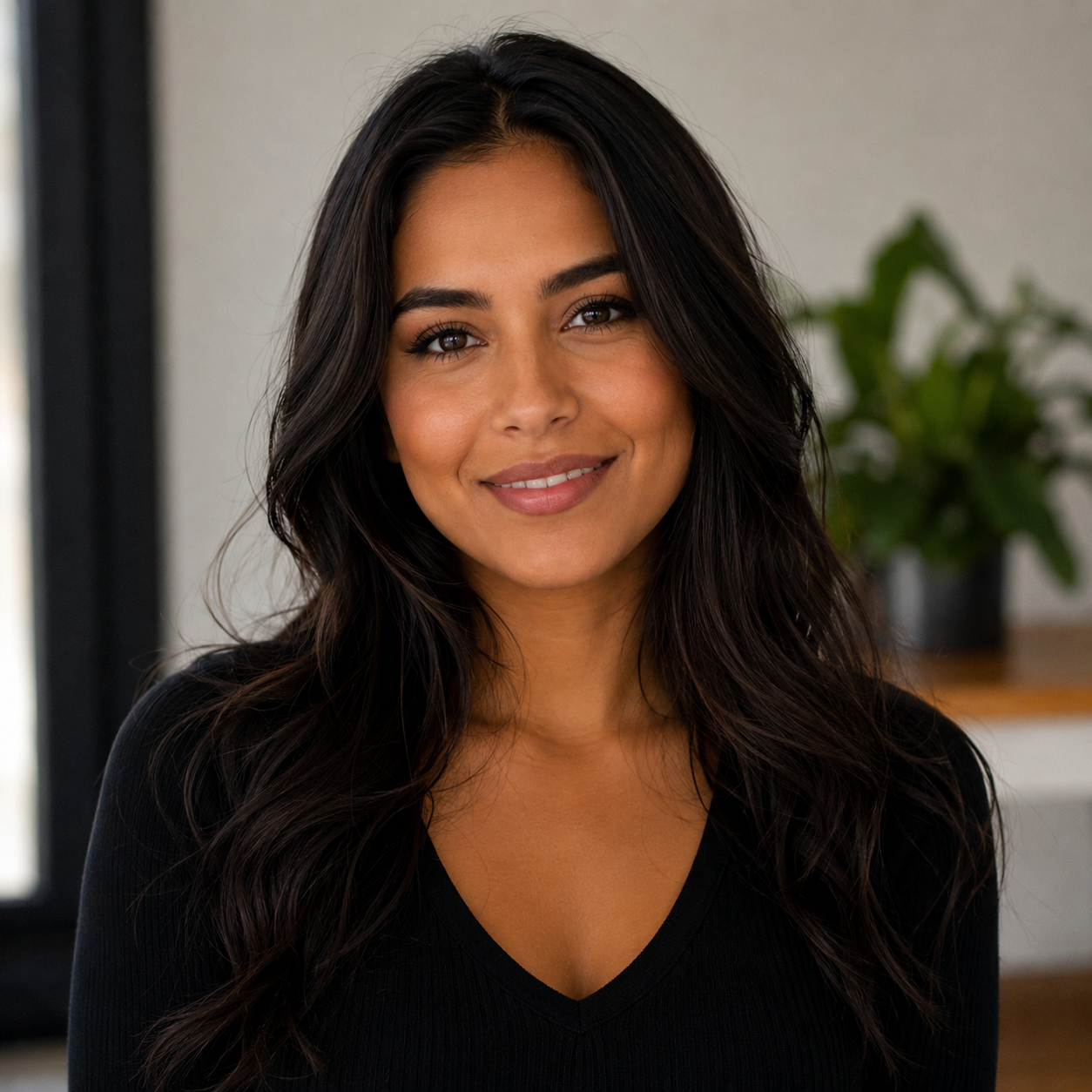 Smiling team member with long dark hair in a bright office