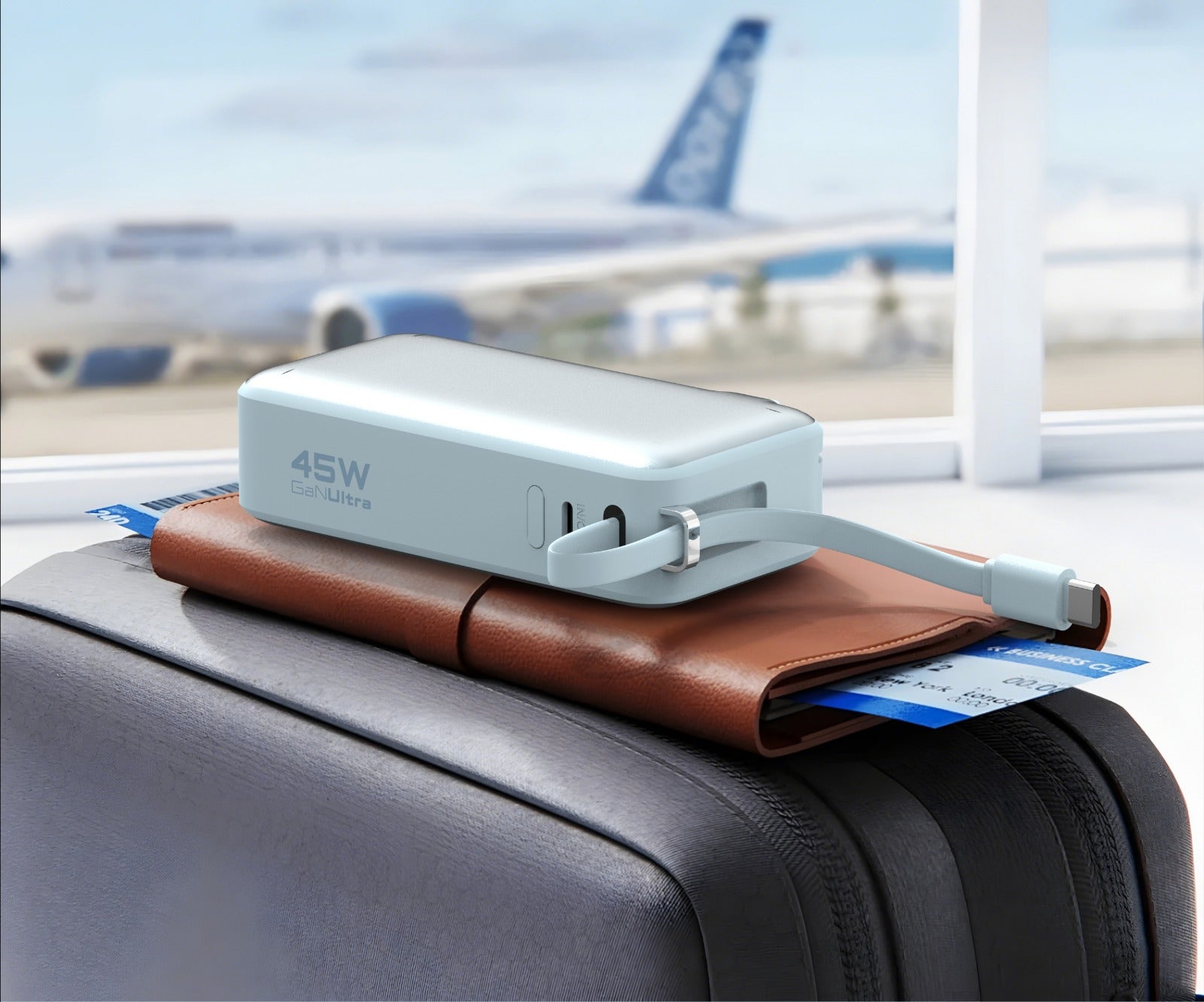 Light blue ReelCharge Flex 45W power bank on a suitcase at an airport departure gate